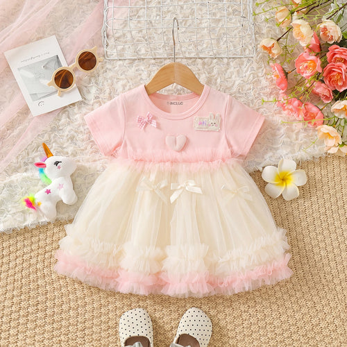 Girls Pink Bow Applique Short Sleeve Fit & Flare Dress Casual Dresses Pink 1-2 Y