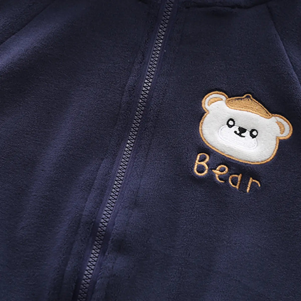 Boys Navy Blue Bear Patch Embroidered Zip-up Jacket With Jogger Sets Sets