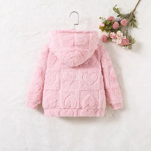 Girls Pink Fleece Hooded Zipper Jacket With Self-Design Heart Patterns Coats & Jackets