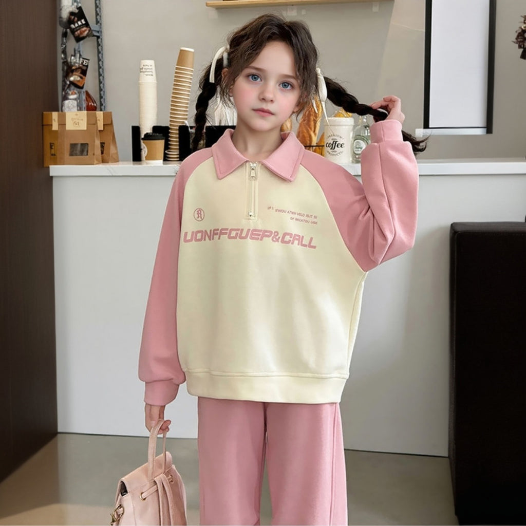 Girls Pink Typographic Printed Collared Sweatshirt With Jogger Set 2 pc. Sets