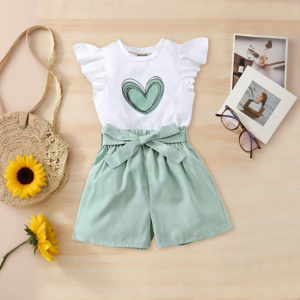 Girls Heart Printed Flutter Sleeves Top With Green Shorts Set 2 pc. Sets