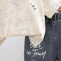 Boys Beige Typographic Print T-Shirt With Distressed Denim Shorts Set Sets
