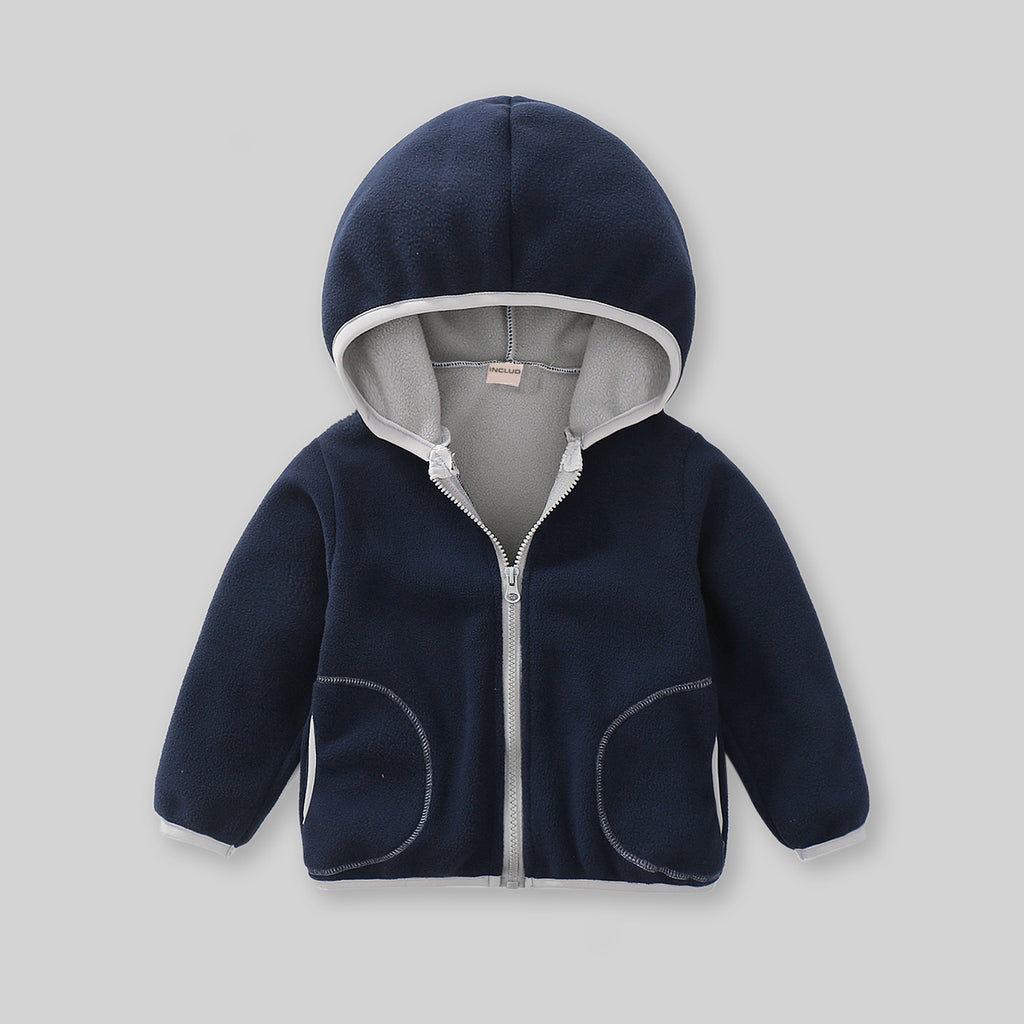 Boys Dark Blue Fleece Front Zipper Hooded Winter Jacket Coats & Jackets