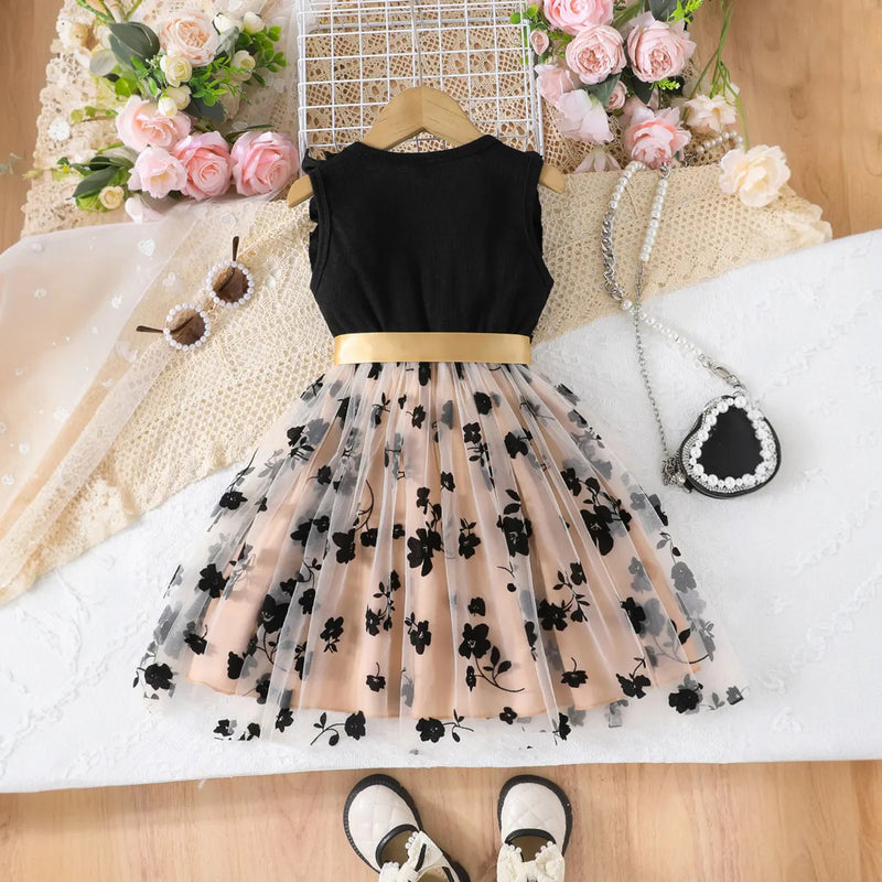 Girls Black Floral Pattern Tulle-overlay Fit & Flare Dress Casual Dresses