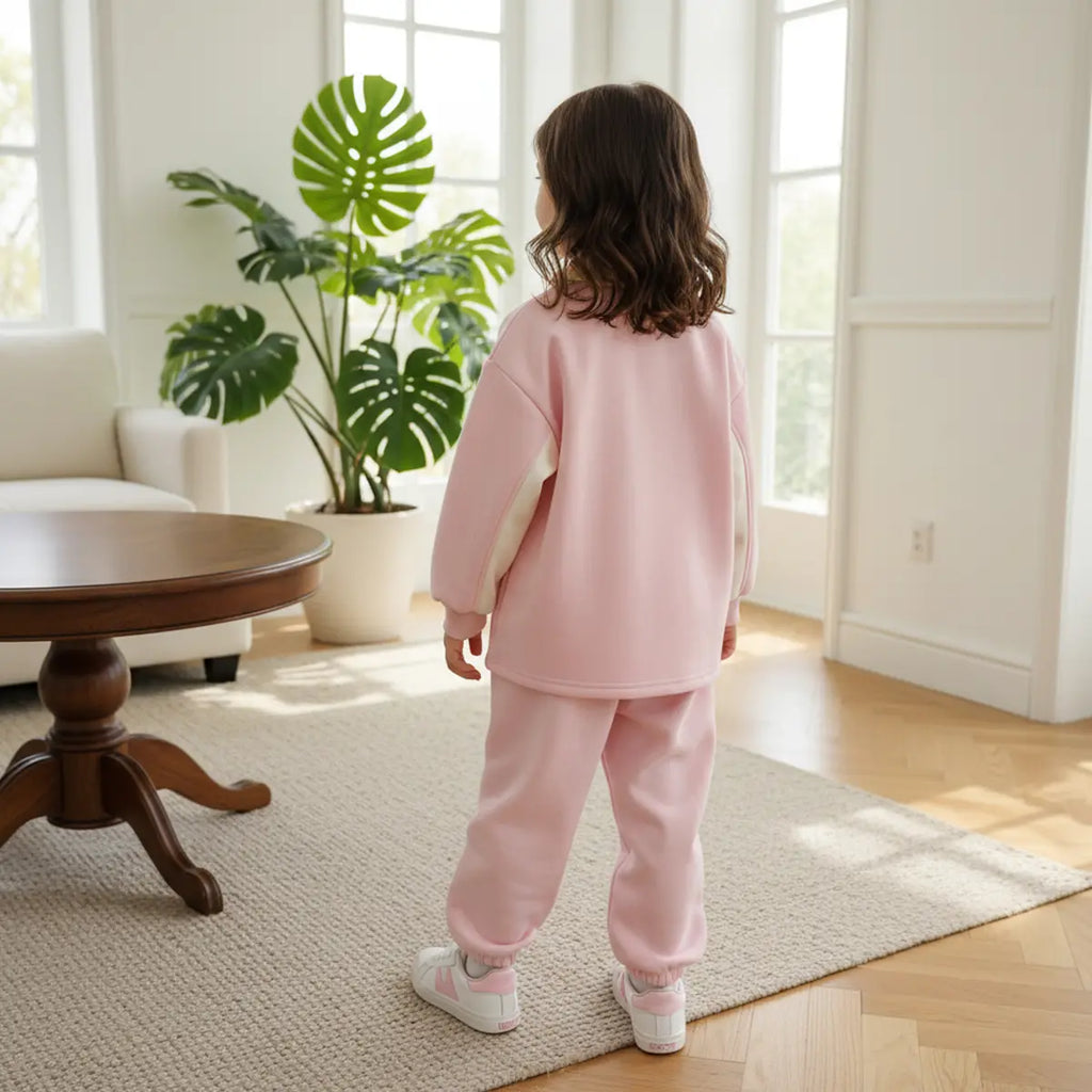 Girls Pink Puppy Cartoon Printed Polo T-Shirt With Jogger Sets Sets
