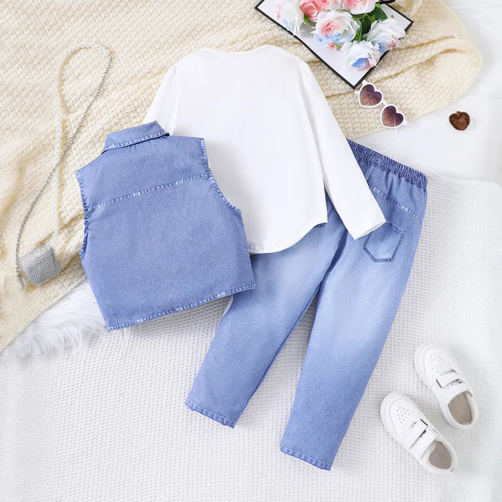 Girls Blue Heart Printed Faux Denim Vest & Pants With Long Sleeves Top Sets Sets