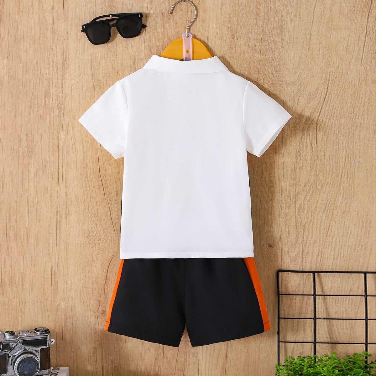 Boys Black Short Sleeve Color-blocked Shirt With Elasticated Shorts Set 2 pc. Sets