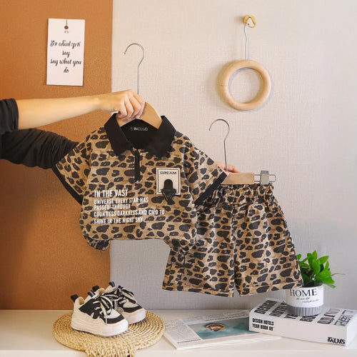 Boys Light Brown Leopard Print Polo T-Shirt & Shorts Co-ord Sets Sets Light Brown 1-2 Y