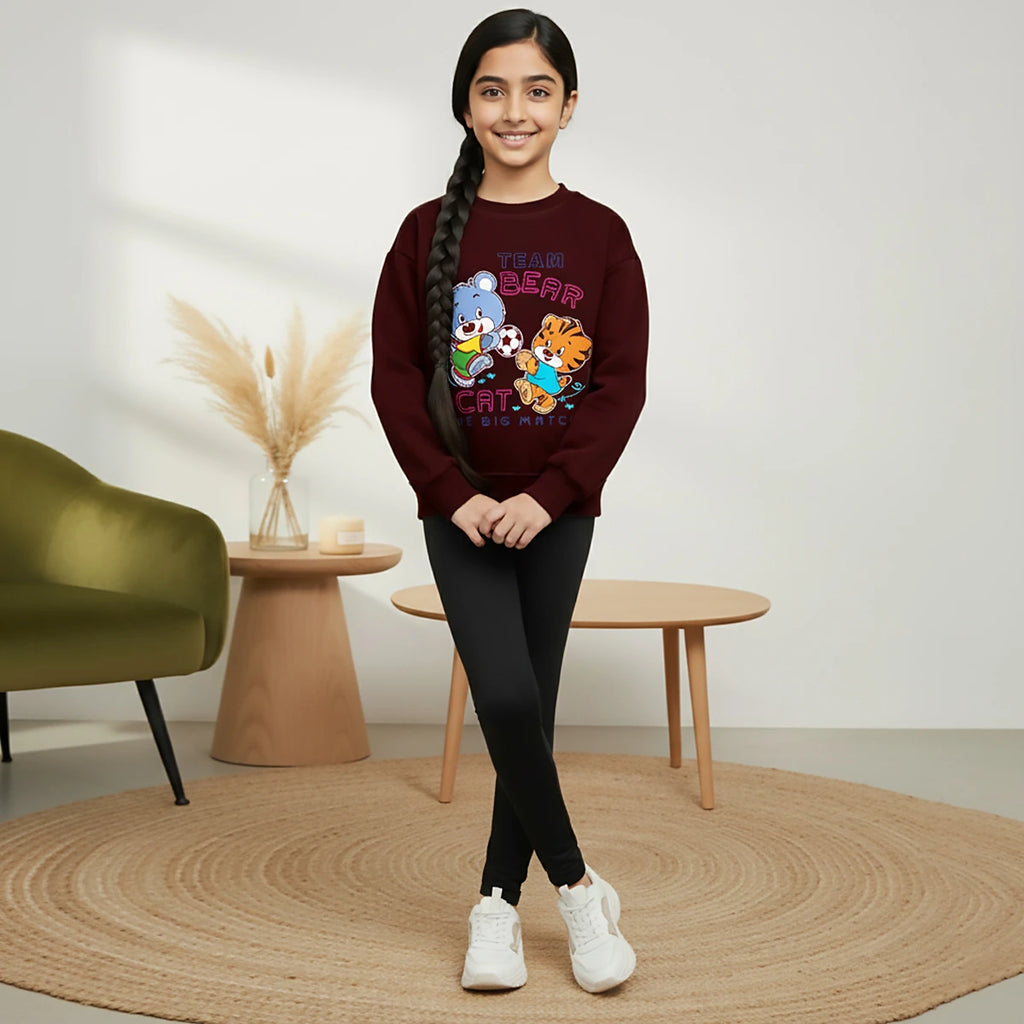 Girls Maroon Bear Graphics Round Neck Sweatshirt Sweatshirts & Hoodies Maroon 4-5 Y