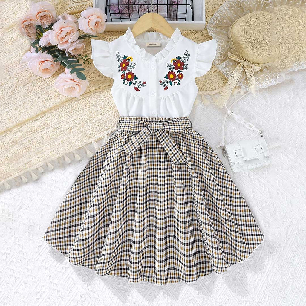 Girls Floral Print Flutter Sleeves Top With Checked Skirt Sets