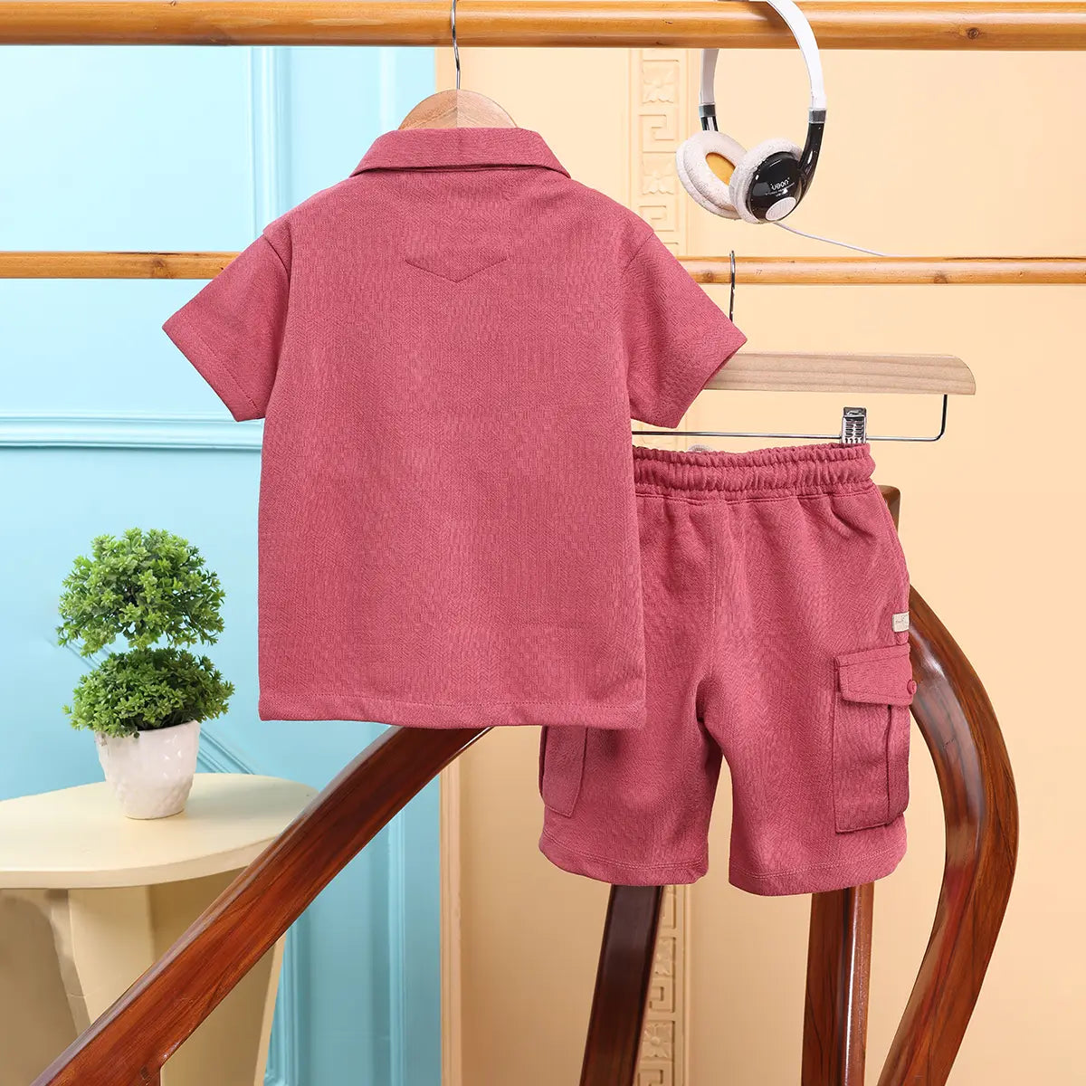 Boys Coral Self Design Shirt With Cargo Shorts Sets 2 pc. Sets