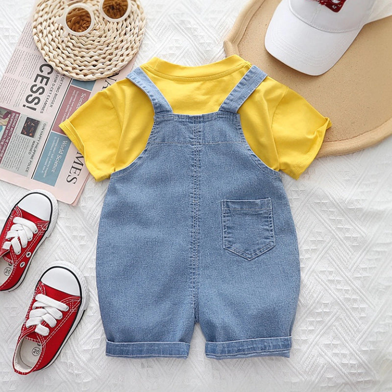 Boys Yellow Lion Applique Short Sleeve T-Shirt With Denim Dungaree Sets 2 pc. Sets
