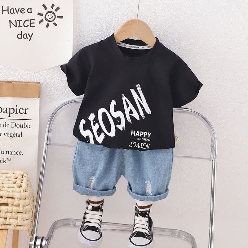 Boys Black Graphic Printed Tshirt with Denim Shorts Sets Black 1-2 Y 