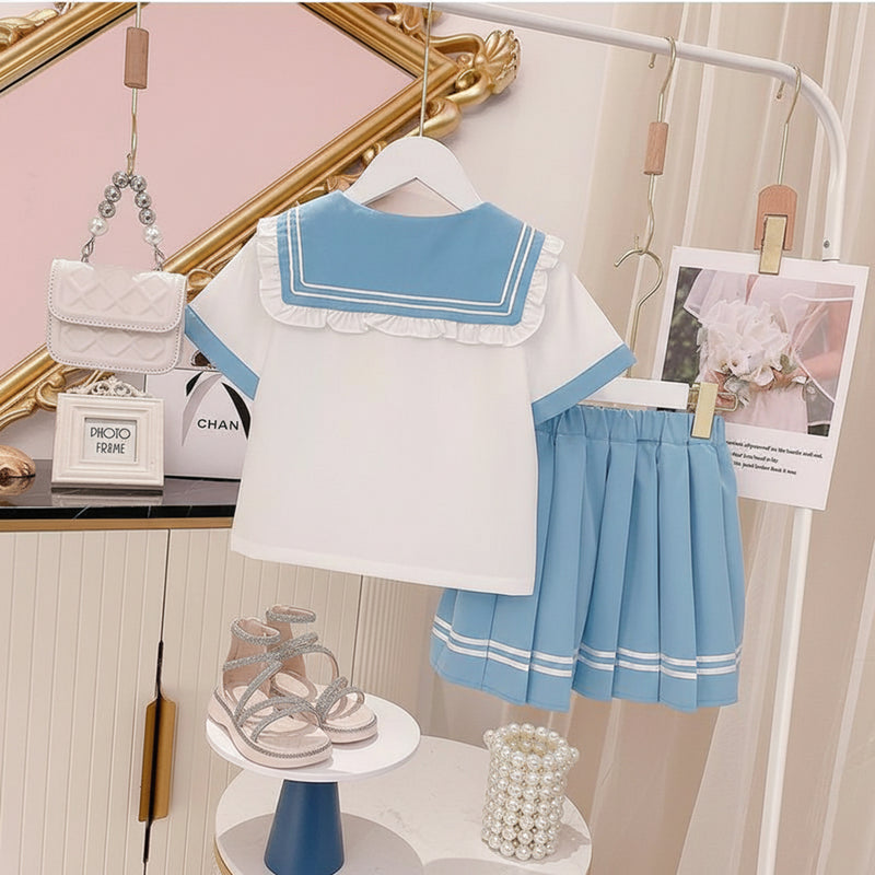 Girls Peter Pan Collar Top With Pleated Skirt Sets