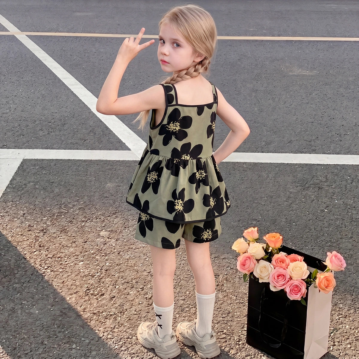 Girls Olive Green Floral Print Peplum Top With Shorts Sets 2 pc. Sets