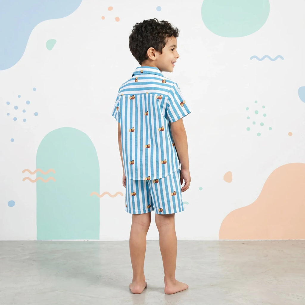 Boys Turquoise Striped Short Sleeves Shirt With Elasticated Shorts Sets Sets
