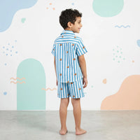 Boys Turquoise Striped Short Sleeves Shirt With Elasticated Shorts Sets Sets