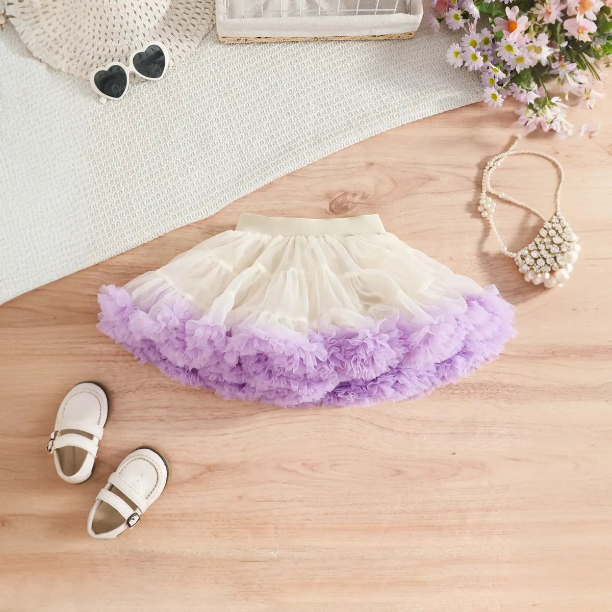 Girls Purple Pearl-Embellished Top With Tiered Tulle Tutu Skirt Sets Sets
