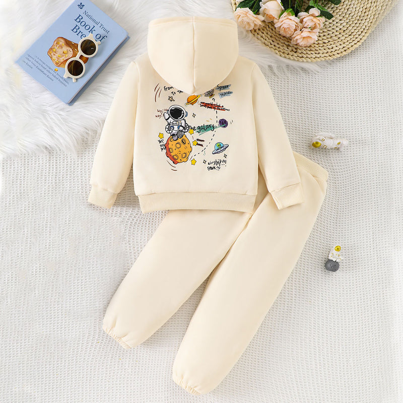 Girls Cream Space Printed Hooded Sweatshirt with Joggers Set Sets