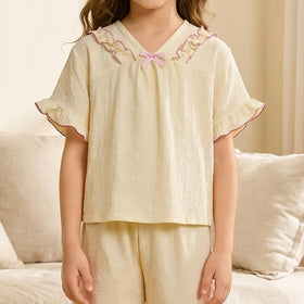Girls Beige Textured Short Sleeve Top With Shorts Sets 2 pc. Sets