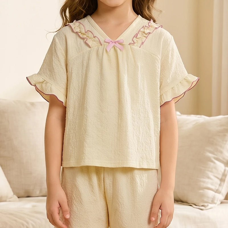 Girls Beige Textured Short Sleeve Top With Shorts Sets 2 pc. Sets