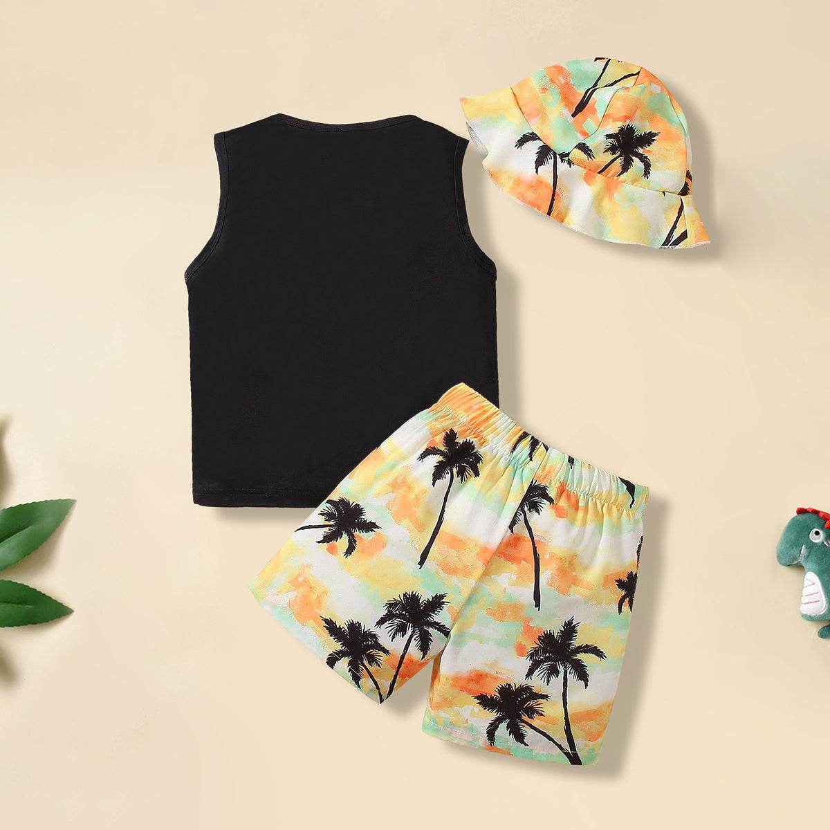 Boys Black Graphic Printed sleeveless Vest With Hat And Shorts Set Sets