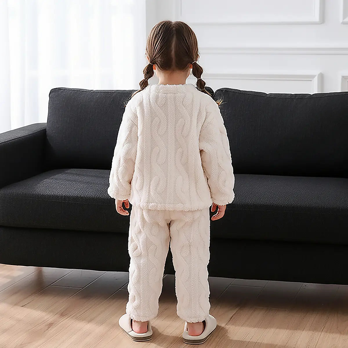 Girls Off White Self-Design Fleece Top With Jogger Co-ord Sets Sets