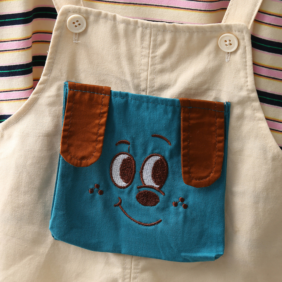 Boys Off-White Striped T-shirt with Puppy Patch Dungaree Set Sets