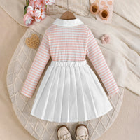 Girls Pink Stripes Heart Embroidered Top With Pleated Skirt Sets Sets