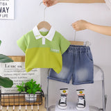 Boys Green Typographic Printed Polo T-Shirt With Denim Shorts Sets