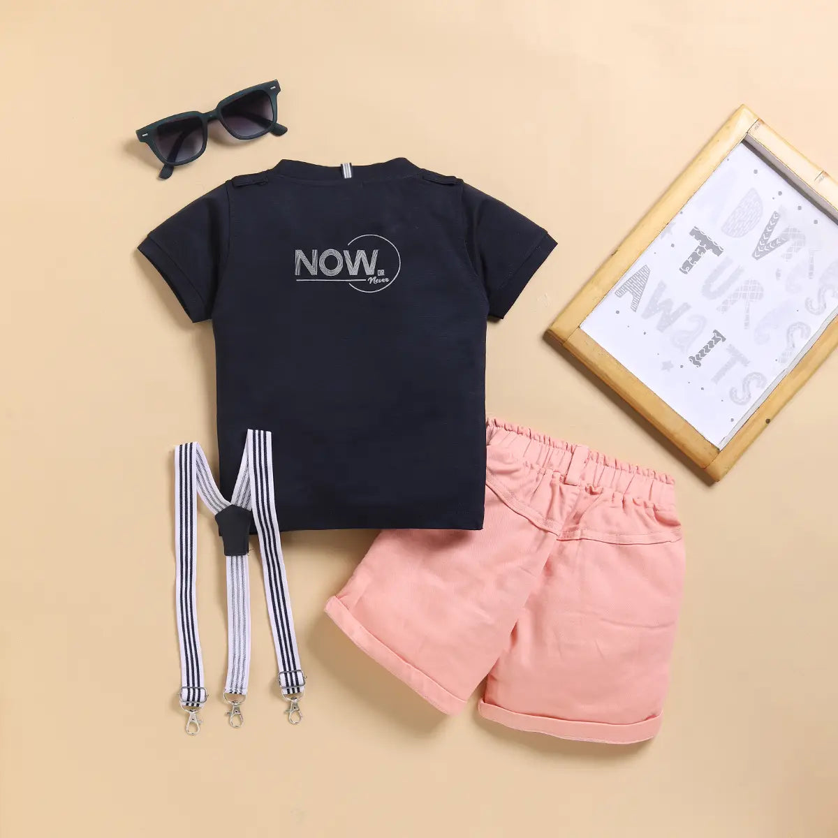 Boys Typographic Printed T-Shirt With Rust Suspender Shorts Set Sets