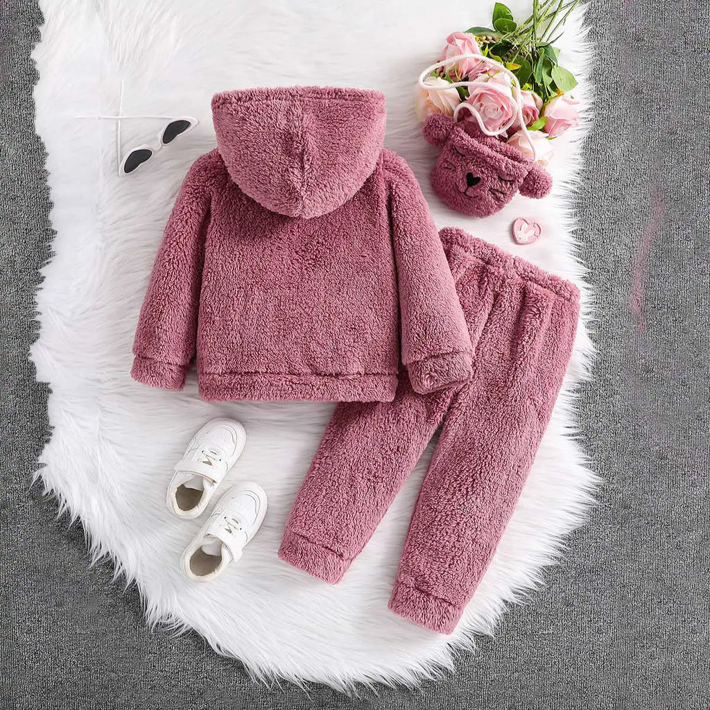 Girls Pink Embroidered Hooded Fleece Sweatshirt With Jogger Co-ord Sets 2 pc. Sets