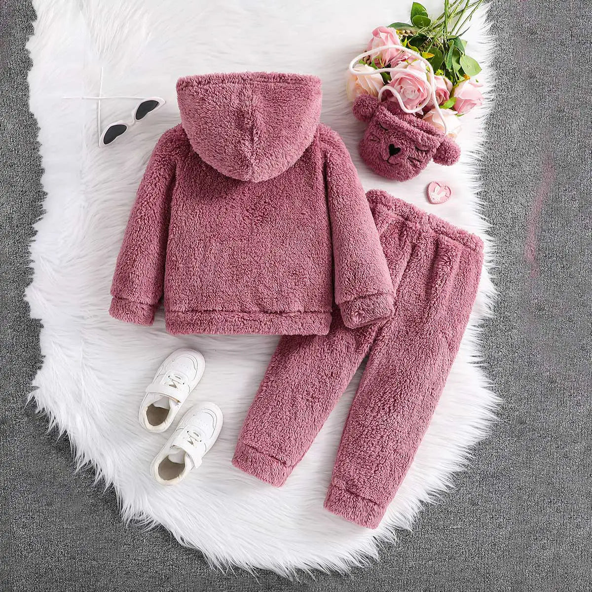 Girls Pink Embroidered Hooded Fleece Sweatshirt With Jogger Co-ord Sets 2 pc. Sets