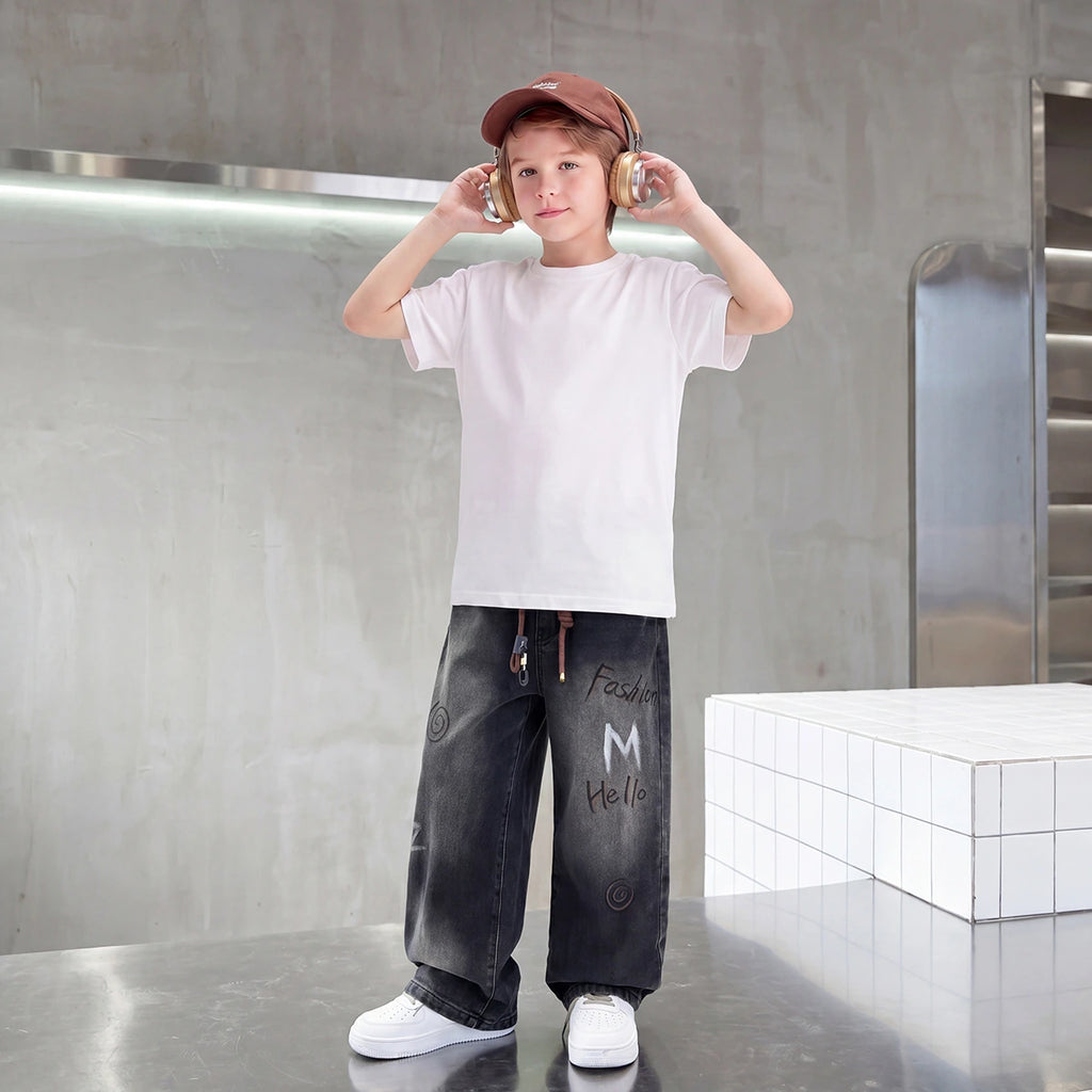 Boys Black Typographic Print Loose Fit Denim Jeans Pants Black 3-4 Y