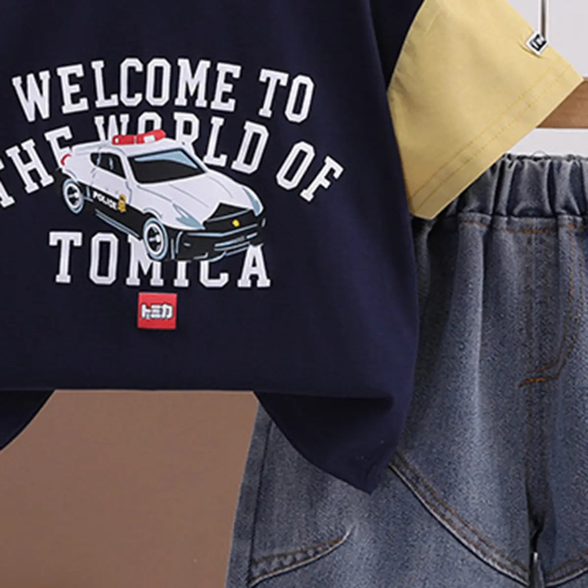 Boys Navy Blue Car Printed Short Sleeve T-Shirt with Denim Shorts Sets 2 pc. Sets