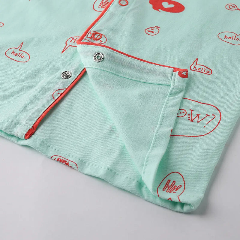 Girls Sky Blue Typographic Printed Short Sleeve Shirt With Printed Pyjama Sets Sets
