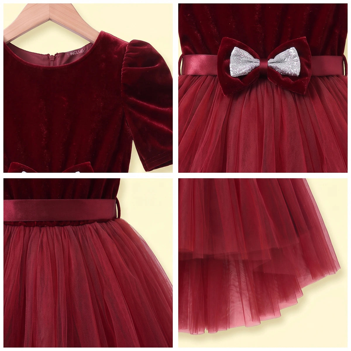 Girls Maroon Puff Sleeve High-Low Party Dress Party Dresses
