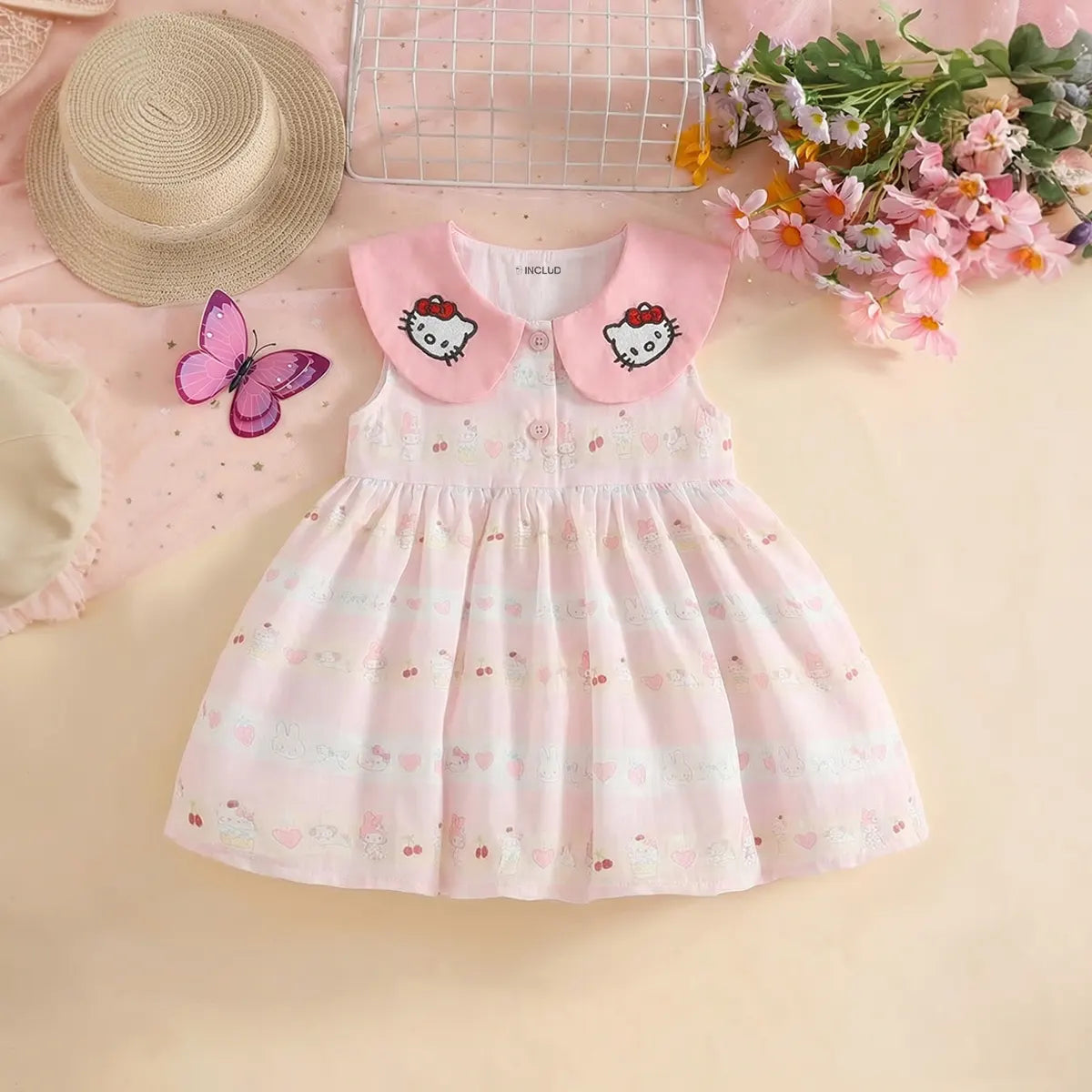 Girls Light Pink Kitty Print Sleeveless Fit & Flare Dress Casual Dresses Light Pink 1-2 Y