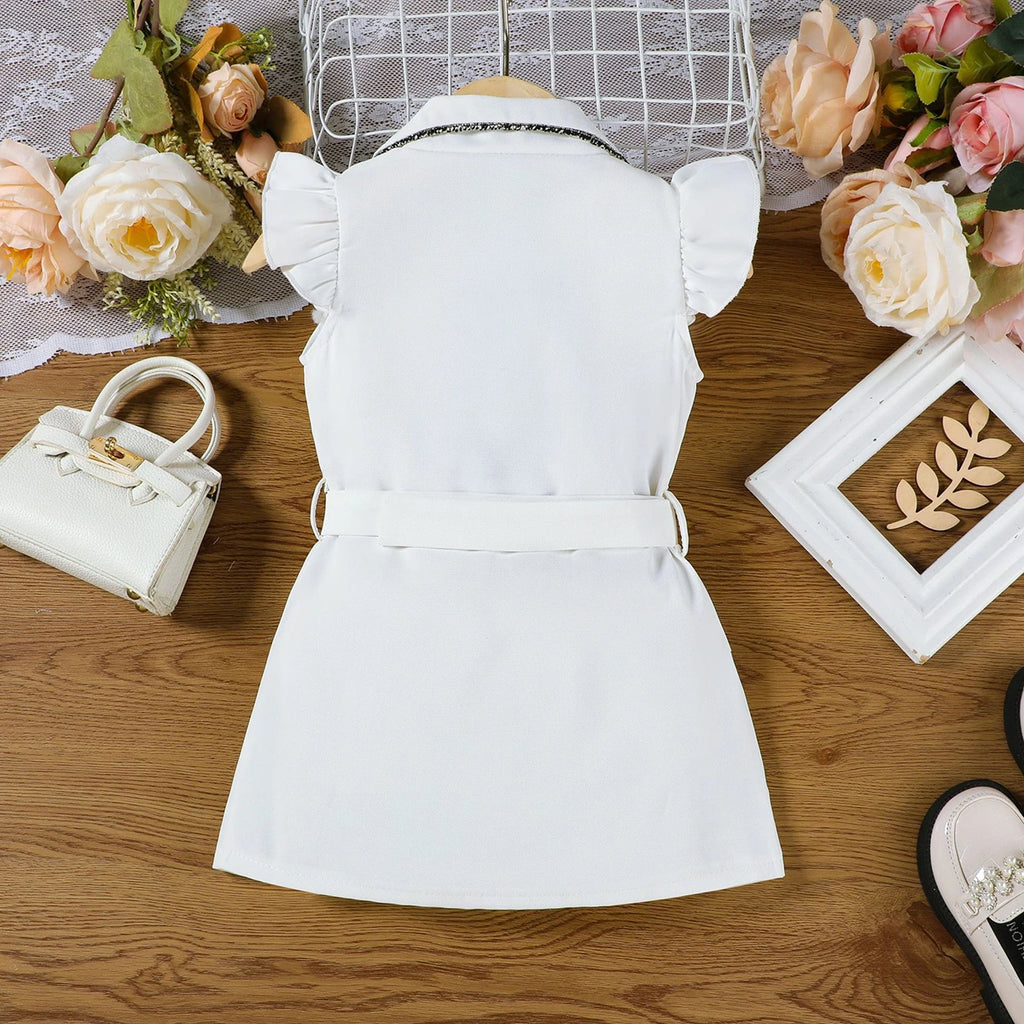 Girls White Cap Sleeve Belted Blazer Dress Casual Dresses