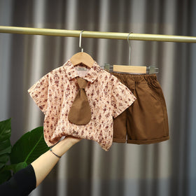 Boys Brown Printed Short Sleeve Shirt With Neck Tie And Short Set 3 pc. Sets Brown 1-2 Y