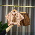 Boys Brown Printed Short Sleeve Shirt With Neck Tie And Short Set 3 pc. Sets Brown 1-2 Y