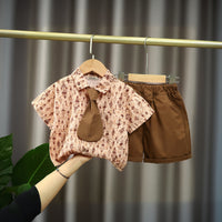 Boys Brown Printed Short Sleeve Shirt With Neck Tie And Short Set 3 pc. Sets Brown 1-2 Y