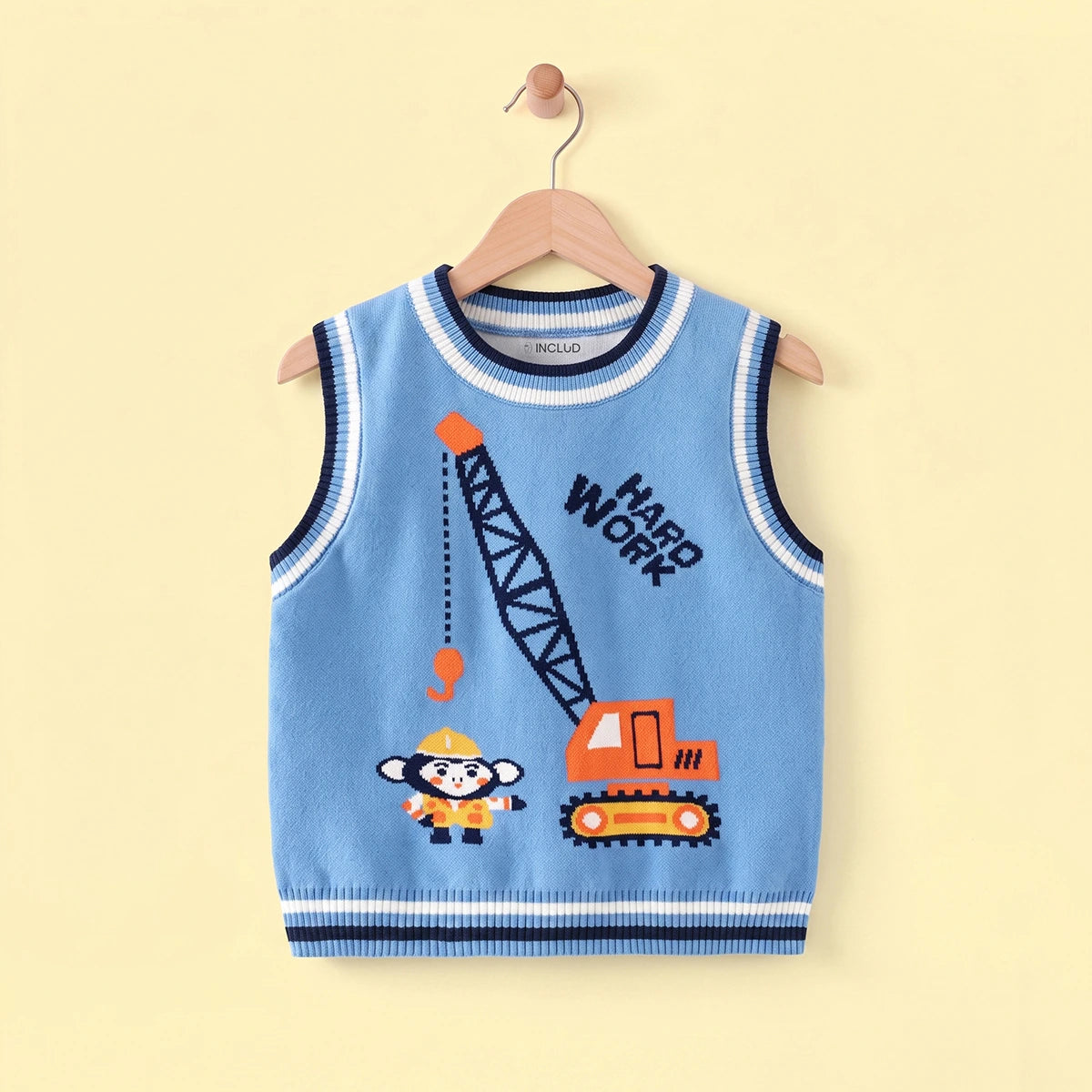 Boys Light Blue Sweater Vest With Self-Design Crane Pattern Sweaters & Cardigans Light Blue 2-3 Y
