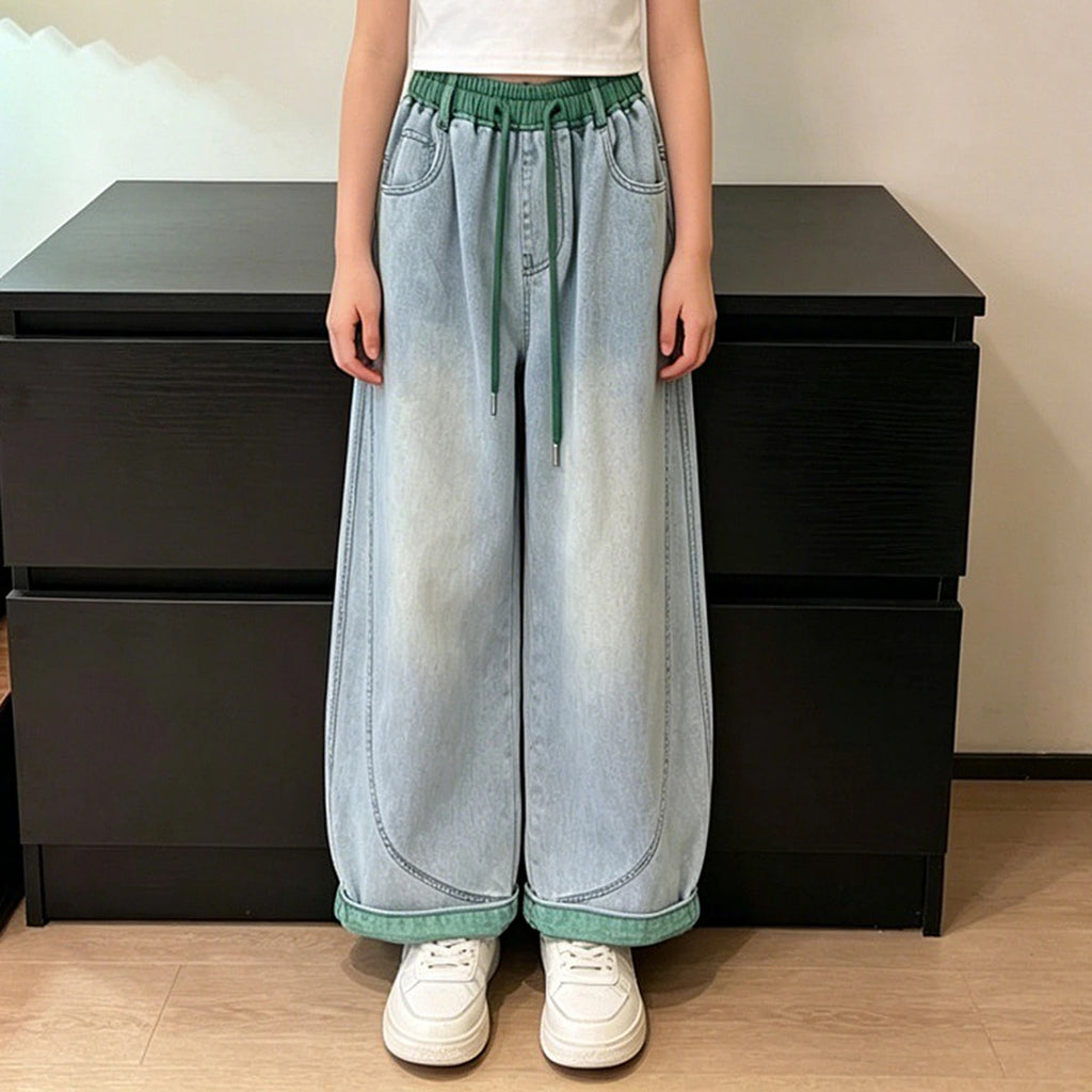 Girls Blue Relaxed Fit Denim Jeans with Drawstring Pants