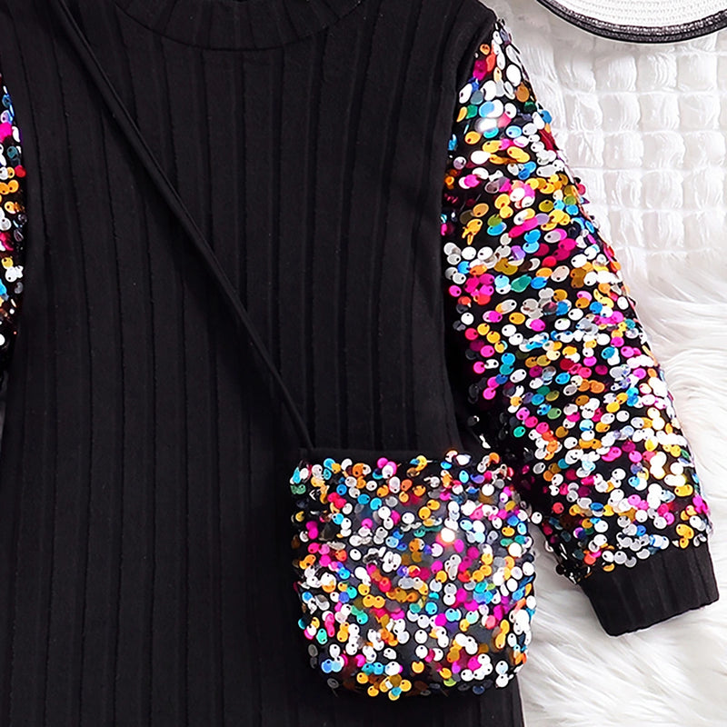 Girls Black Sequin Embellished Long Sleeve Dress Casual Dresses