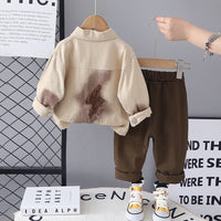 Boys Khaki Solid Shacket With Printed T-Shirt & Pants Set Sets