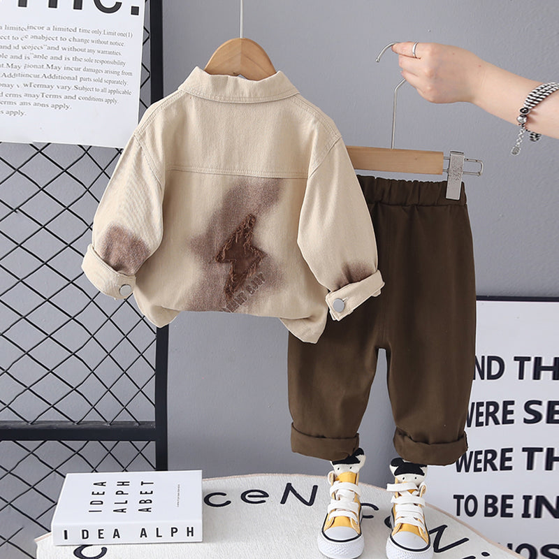 Boys Khaki Solid Shacket With Printed T-Shirt & Pants Set Sets