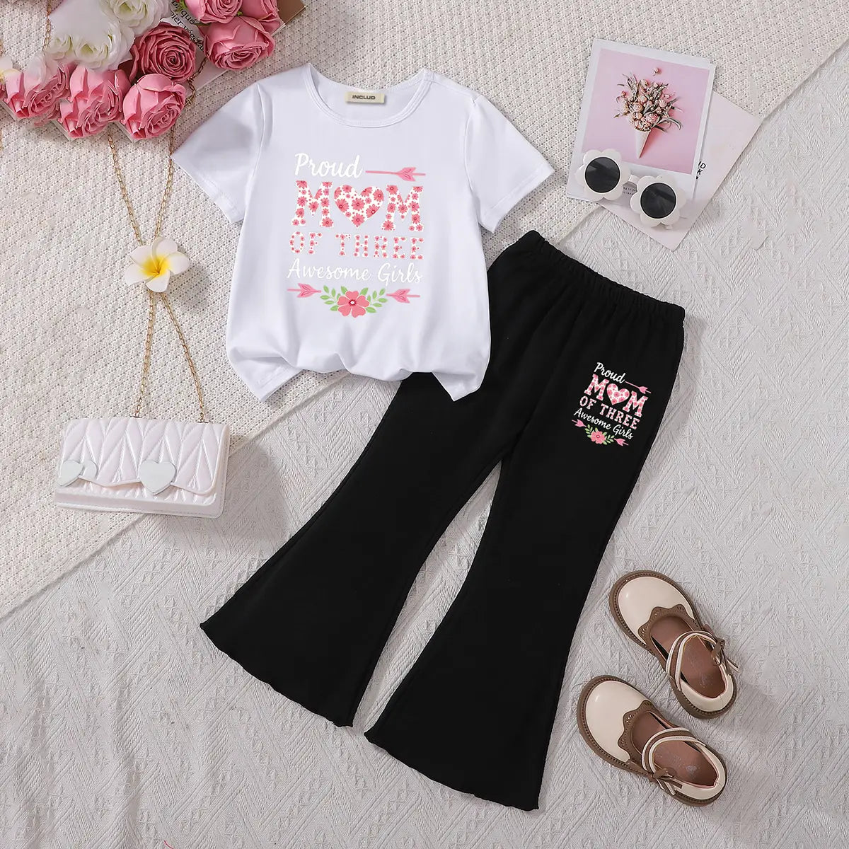 Girls White Typographic Printed T-Shirt With Flared Pants Sets Sets White 3-4 Y