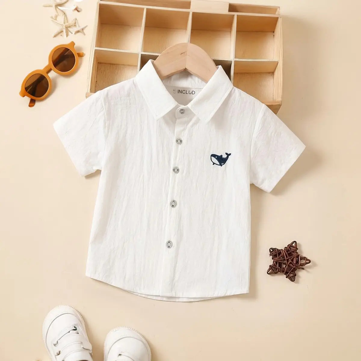 Boys White Short Sleeve Shark Embroidered Casual Shirt Shirts White 1-2 Y