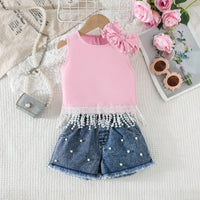 Girls Pink Pearl Bow Lace Top With Denim Shorts Sets Sets Pink 2-3 Y